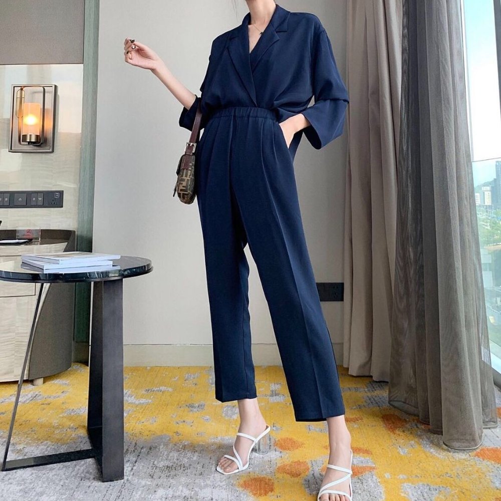 navy trousers cropped pants relaxed tailored S